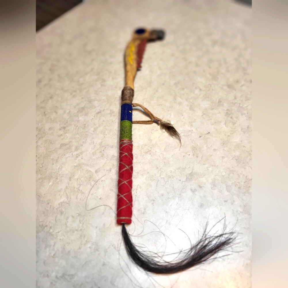 Native American beaded Jaw Bone & Stone tomahawk/axe - age unknown